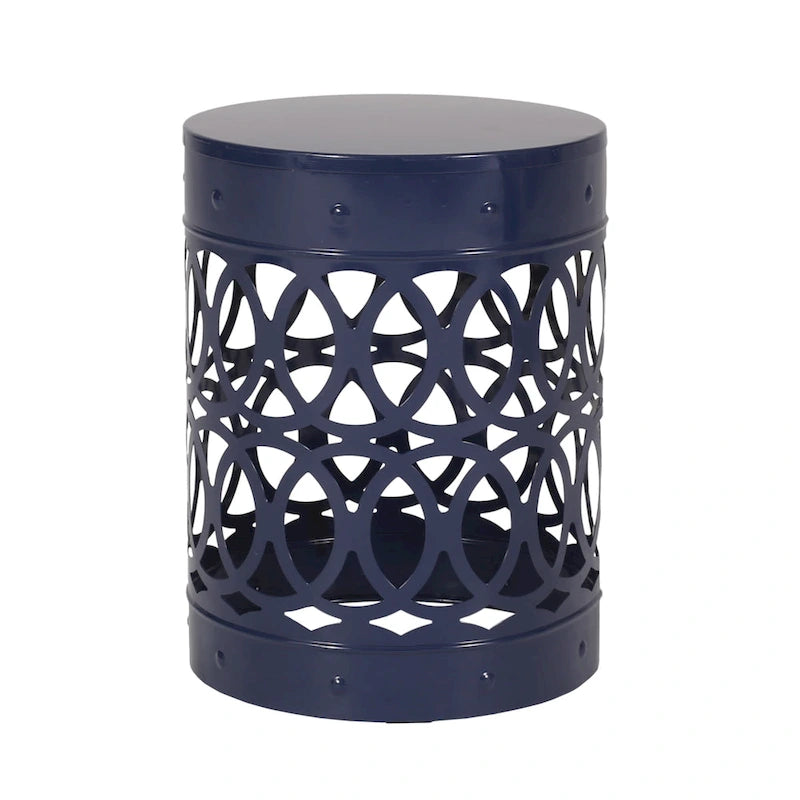 Kemo Outdoor End Table, Round 14 Inch, Cutout Design, Navy Blue Iron