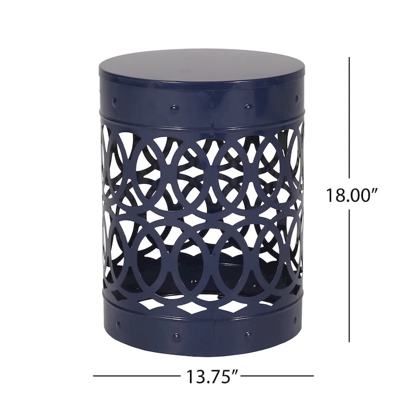 Kemo Outdoor End Table, Round 14 Inch, Cutout Design, Navy Blue Iron