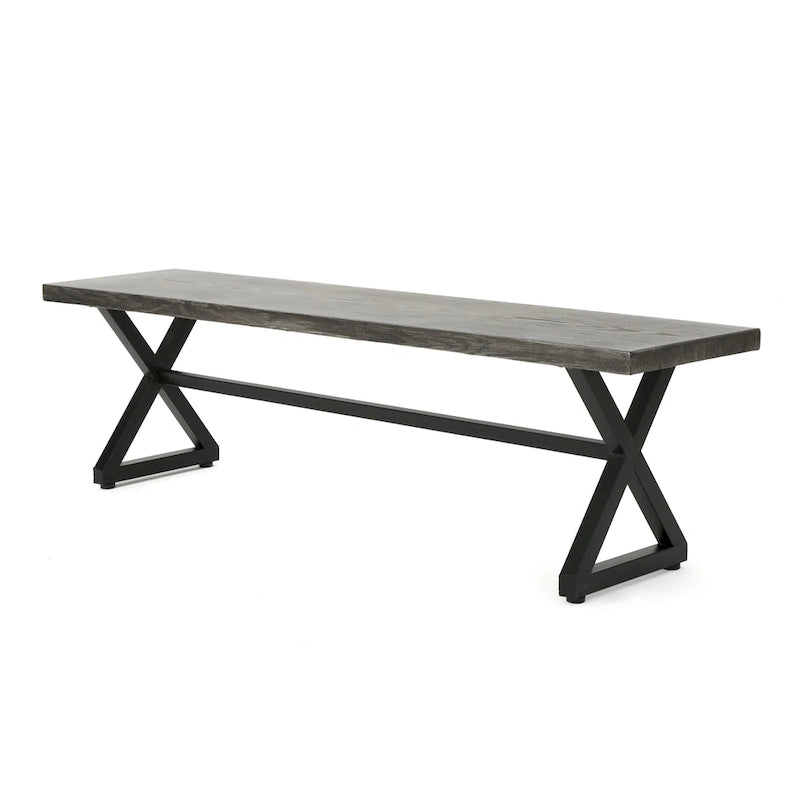 Romita Outdoor Dining Bench, X Shape Legs, Gray Metal, Black Steel, 63 Inch