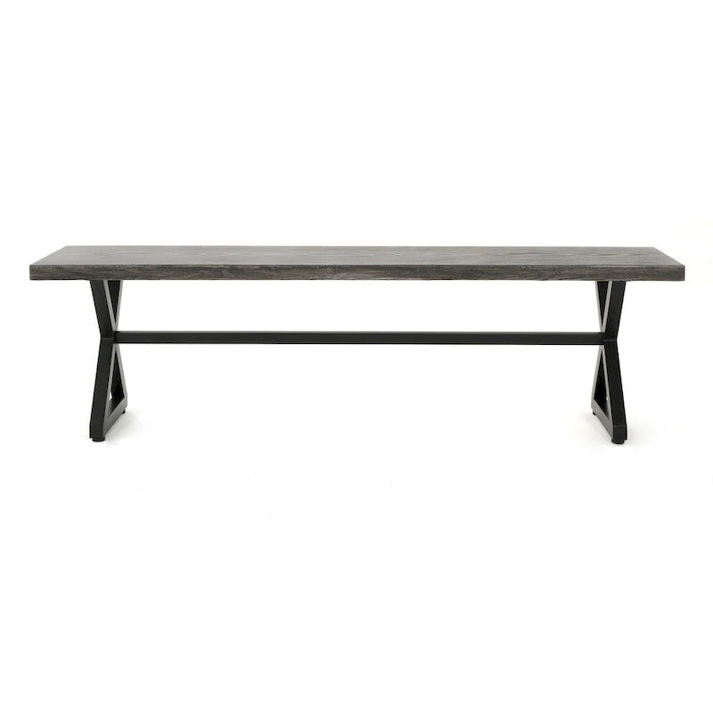 Romita Outdoor Dining Bench, X Shape Legs, Gray Metal, Black Steel, 63 Inch