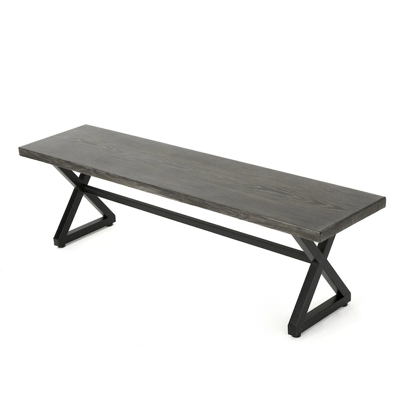 Romita Outdoor Dining Bench, X Shape Legs, Gray Metal, Black Steel, 63 Inch