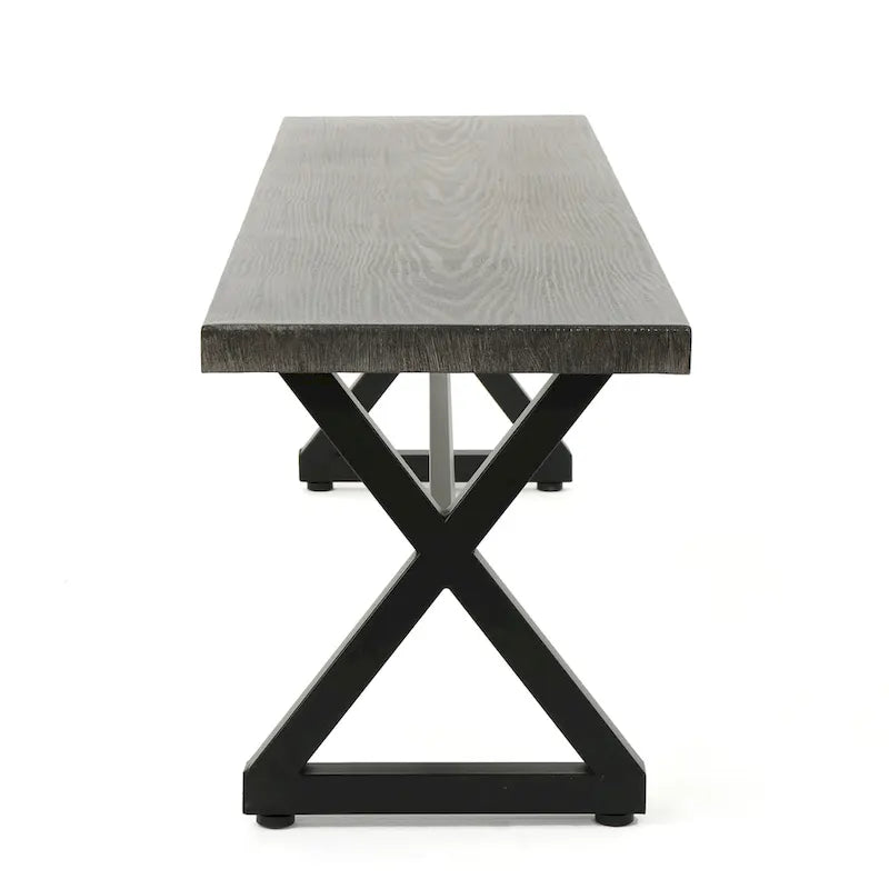 Romita Outdoor Dining Bench, X Shape Legs, Gray Metal, Black Steel, 63 Inch