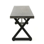 Romita Outdoor Dining Bench, X Shape Legs, Gray Metal, Black Steel, 63 Inch