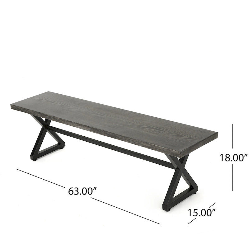 Romita Outdoor Dining Bench, X Shape Legs, Gray Metal, Black Steel, 63 Inch