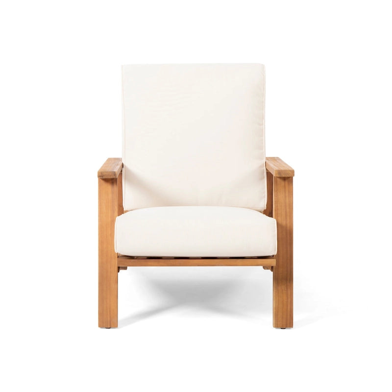 Outdoor Accent Chair, Beige Fabric Cushions, 39 Inch Brown Acacia Wood