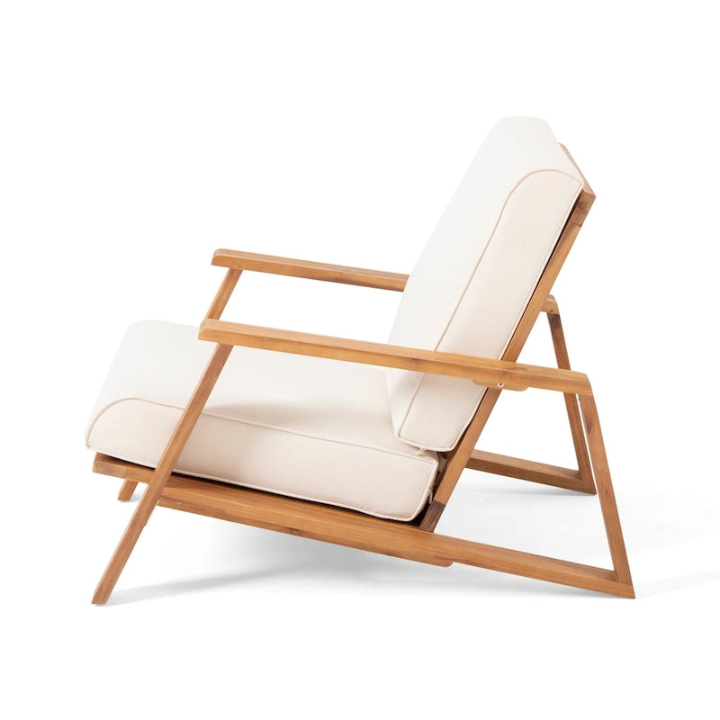 Outdoor Accent Chair, Beige Fabric Cushions, 39 Inch Brown Acacia Wood