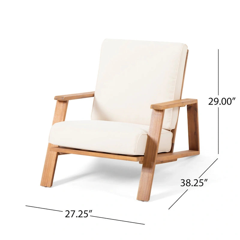 Outdoor Accent Chair, Beige Fabric Cushions, 39 Inch Brown Acacia Wood