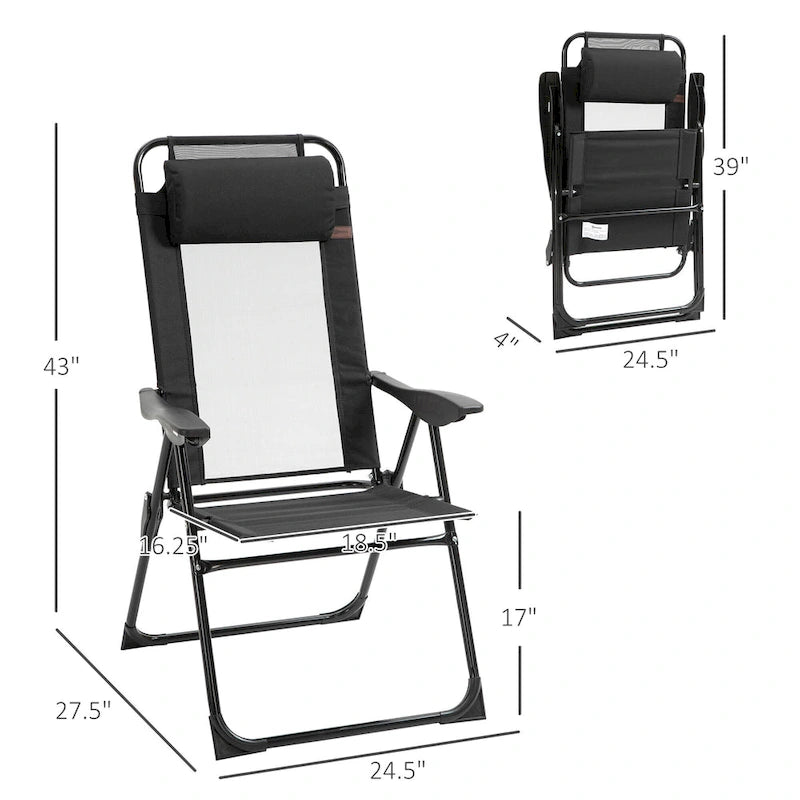 Outdoor Folding Patio Chairs Set of 2 with Adjustable Sling Back, Camping Chair with Removable Headrest for Beach, Garden