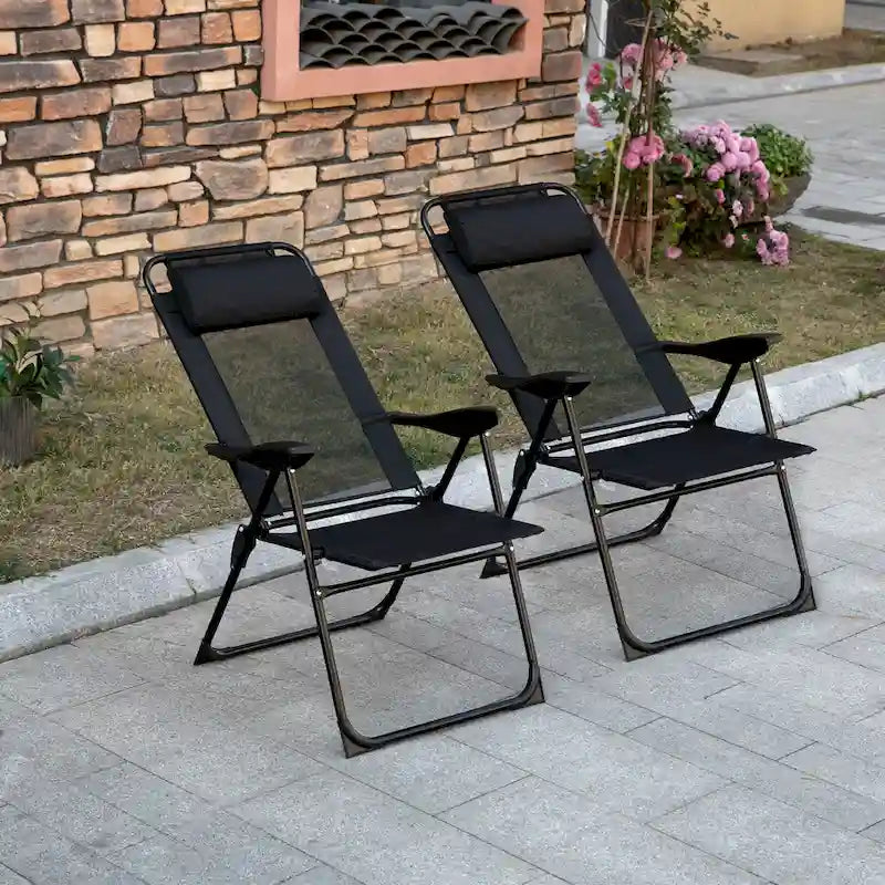 Outdoor Folding Patio Chairs Set of 2 with Adjustable Sling Back, Camping Chair with Removable Headrest for Beach, Garden