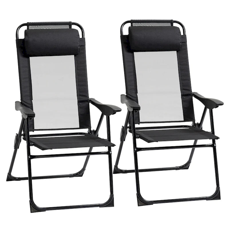 Outdoor Folding Patio Chairs Set of 2 with Adjustable Sling Back, Camping Chair with Removable Headrest for Beach, Garden