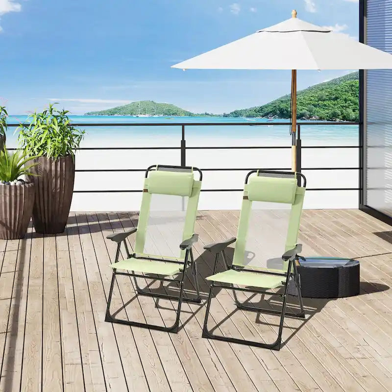 Outdoor Folding Patio Chairs Set of 2 with Adjustable Sling Back, Camping Chair with Removable Headrest for Beach, Garden