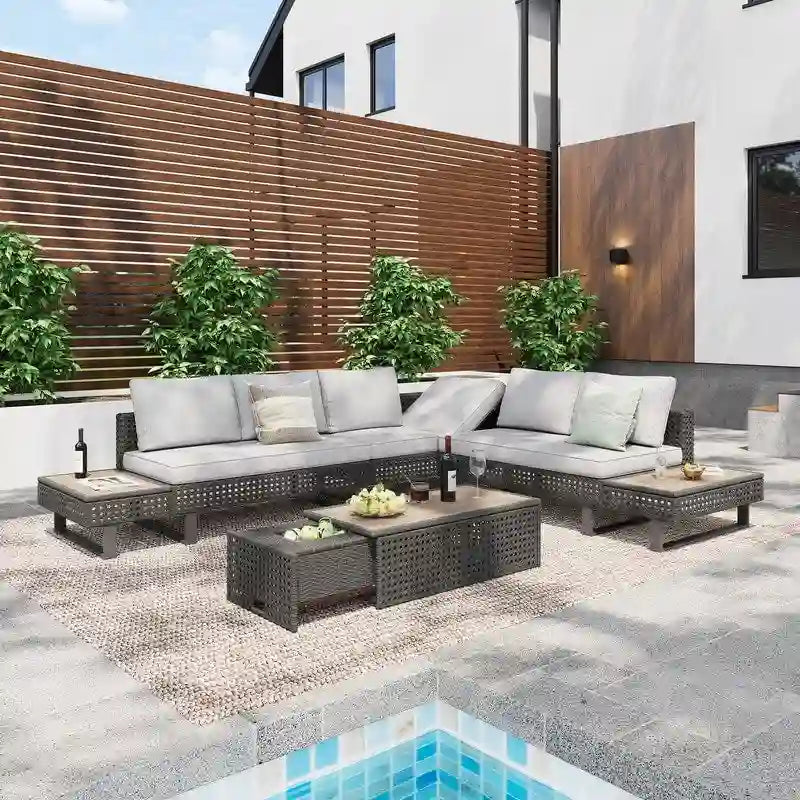 6-Piece Diamond Weave Patio Sectional Furniture Set with Extendable Coffee Table with Ice Bucket