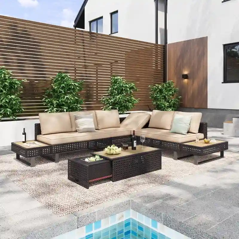 6-Piece Diamond Weave Patio Sectional Furniture Set with Extendable Coffee Table with Ice Bucket