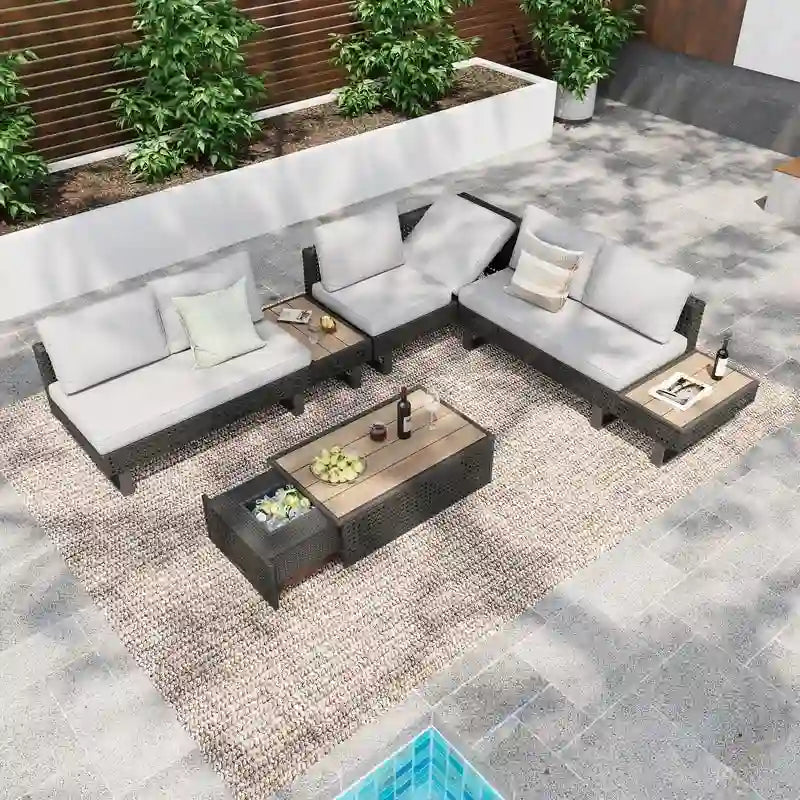 6-Piece Diamond Weave Patio Sectional Furniture Set with Extendable Coffee Table with Ice Bucket