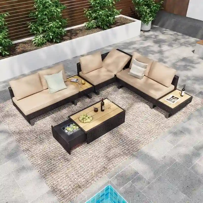 6-Piece Diamond Weave Patio Sectional Furniture Set with Extendable Coffee Table with Ice Bucket