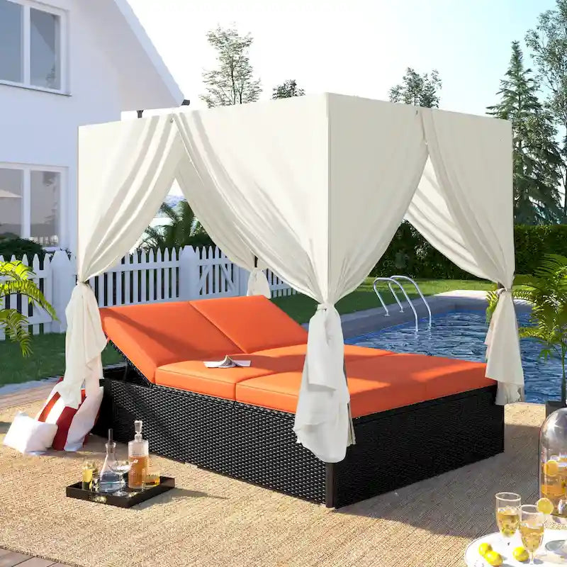 Outdoor PE Rattan Sunbed Daybed with Canopy & Cushions, Patio Wicker Sofa Bed Adjustable Reclining Sun Lounger