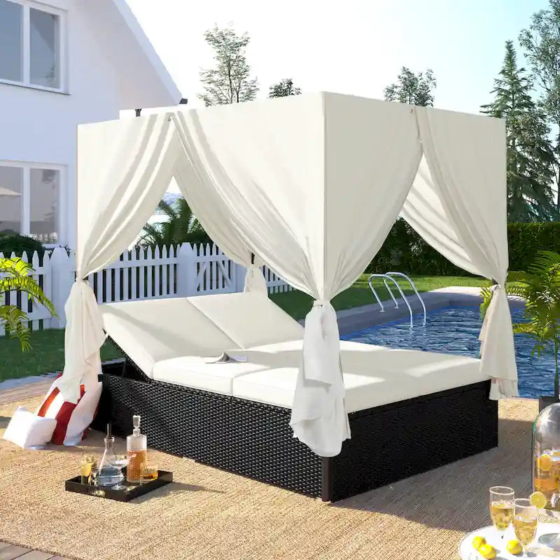 Outdoor PE Rattan Sunbed Daybed with Canopy & Cushions, Patio Wicker Sofa Bed Adjustable Reclining Sun Lounger