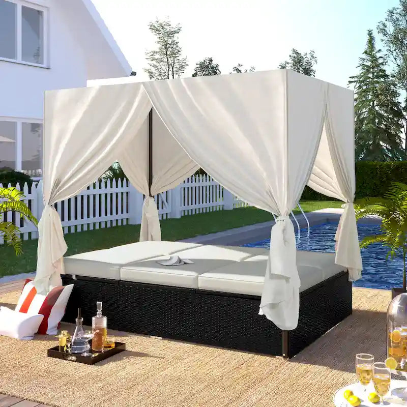 Outdoor PE Rattan Sunbed Daybed with Canopy & Cushions, Patio Wicker Sofa Bed Adjustable Reclining Sun Lounger