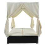 Outdoor PE Rattan Sunbed Daybed with Canopy & Cushions, Patio Wicker Sofa Bed Adjustable Reclining Sun Lounger