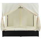 Outdoor PE Rattan Sunbed Daybed with Canopy & Cushions, Patio Wicker Sofa Bed Adjustable Reclining Sun Lounger