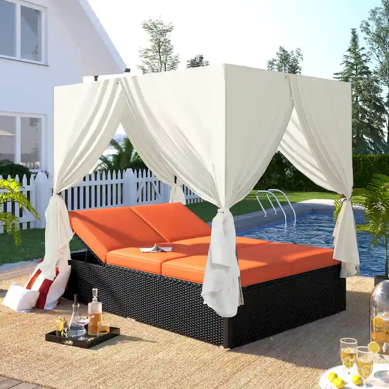 Outdoor PE Rattan Sunbed Daybed with Canopy & Cushions, Patio Wicker Sofa Bed Adjustable Reclining Sun Lounger