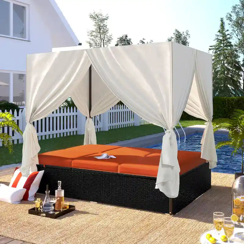Outdoor PE Rattan Sunbed Daybed with Canopy & Cushions, Patio Wicker Sofa Bed Adjustable Reclining Sun Lounger