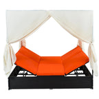 Outdoor PE Rattan Sunbed Daybed with Canopy & Cushions, Patio Wicker Sofa Bed Adjustable Reclining Sun Lounger