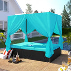 Outdoor PE Rattan Sunbed Daybed with Canopy & Cushions, Patio Wicker Sofa Bed Adjustable Reclining Sun Lounger