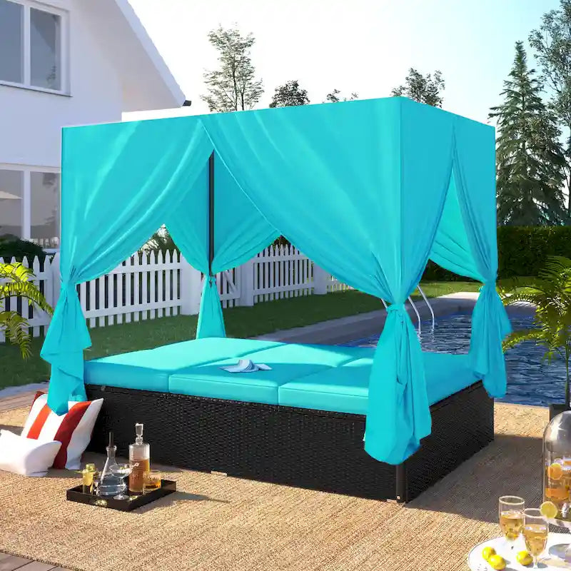 Outdoor PE Rattan Sunbed Daybed with Canopy & Cushions, Patio Wicker Sofa Bed Adjustable Reclining Sun Lounger