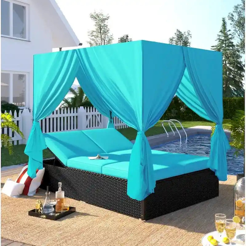 Outdoor PE Rattan Sunbed Daybed with Canopy & Cushions, Patio Wicker Sofa Bed Adjustable Reclining Sun Lounger