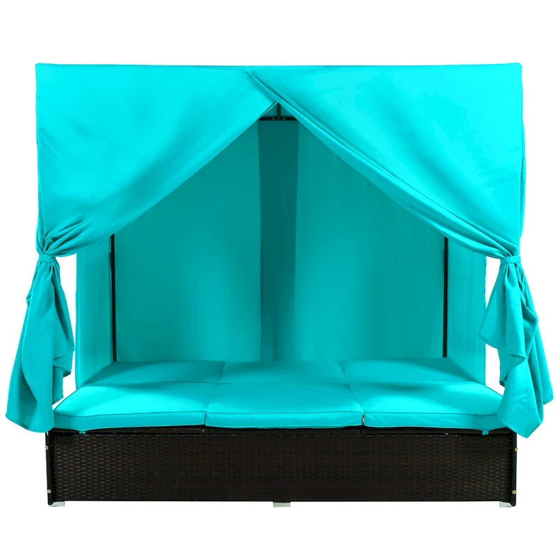 Outdoor PE Rattan Sunbed Daybed with Canopy & Cushions, Patio Wicker Sofa Bed Adjustable Reclining Sun Lounger