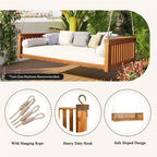Patio Minimalist Twin Size Garden Swing Bed Wood Porch Swing with Ropes for Backyard, Safe Sloped Design