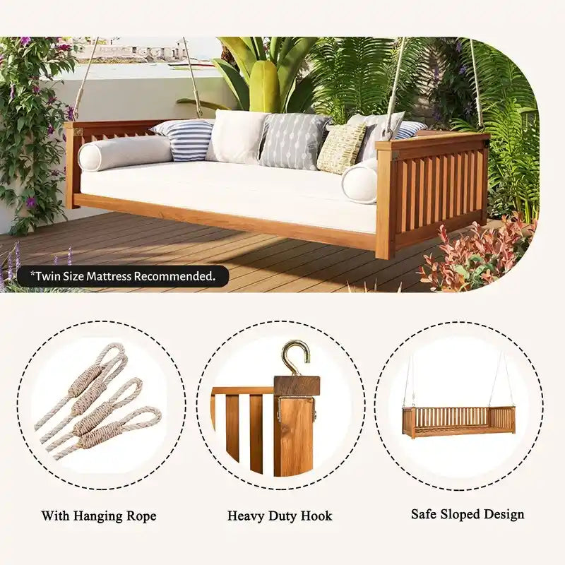 Patio Minimalist Twin Size Garden Swing Bed Wood Porch Swing with Ropes for Backyard, Safe Sloped Design