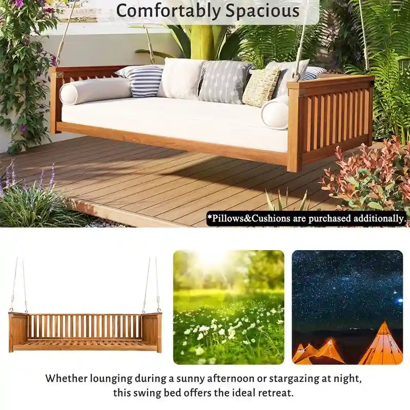 Patio Minimalist Twin Size Garden Swing Bed Wood Porch Swing with Ropes for Backyard, Safe Sloped Design