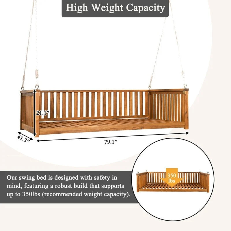 Patio Minimalist Twin Size Garden Swing Bed Wood Porch Swing with Ropes for Backyard, Safe Sloped Design