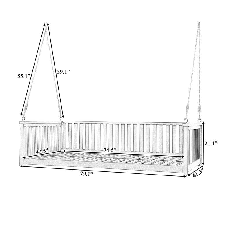 Patio Minimalist Twin Size Garden Swing Bed Wood Porch Swing with Ropes for Backyard, Safe Sloped Design