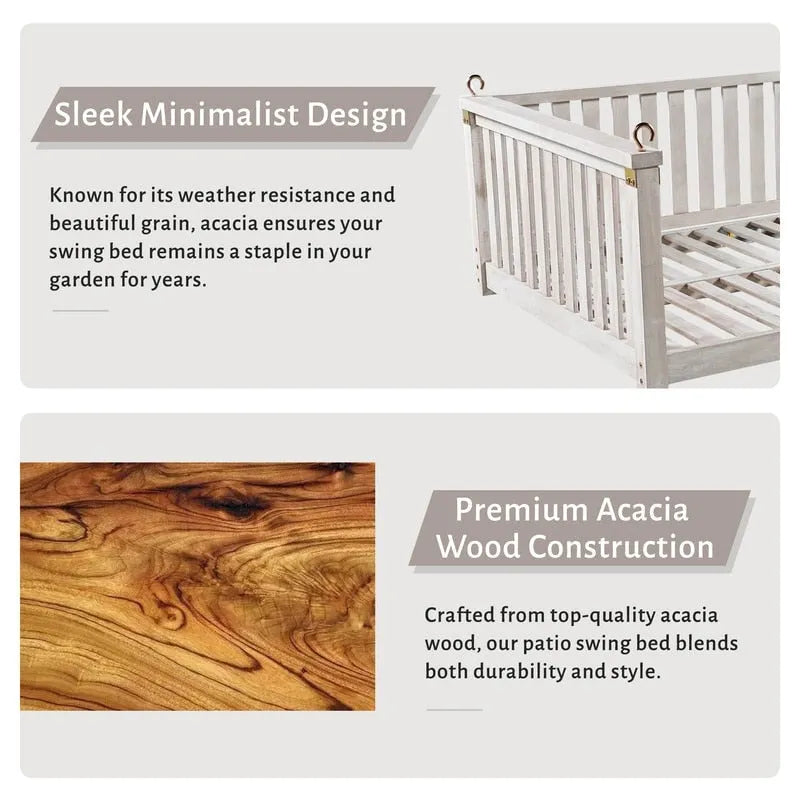 Patio Minimalist Twin Size Garden Swing Bed Wood Porch Swing with Ropes for Backyard, Safe Sloped Design