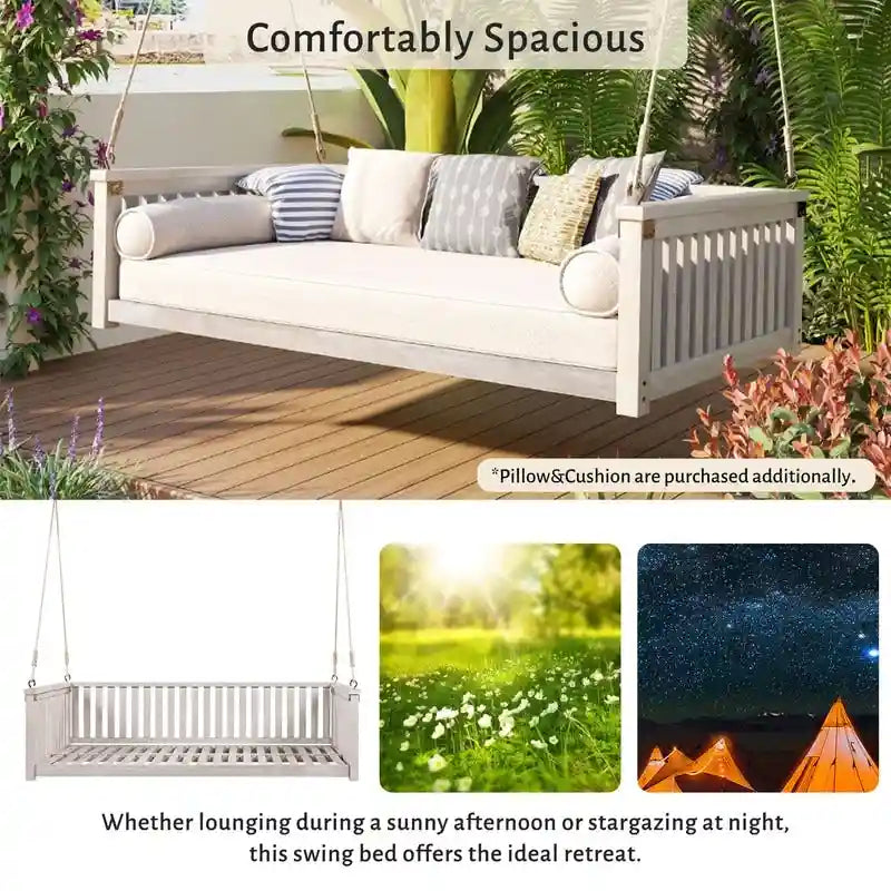 Patio Minimalist Twin Size Garden Swing Bed Wood Porch Swing with Ropes for Backyard, Safe Sloped Design
