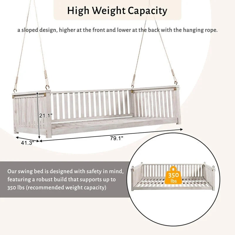 Patio Minimalist Twin Size Garden Swing Bed Wood Porch Swing with Ropes for Backyard, Safe Sloped Design