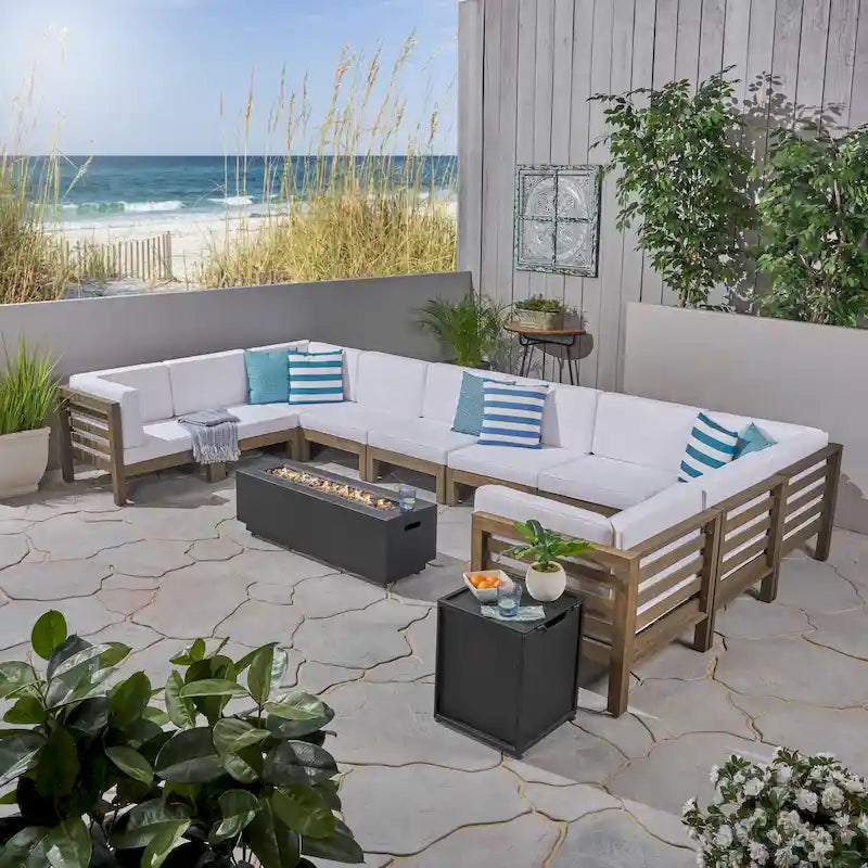 U-Shaped Outdoor Sectional Sofa Set 12-Piece with Fire Pit 8-Seater Acacia Wood