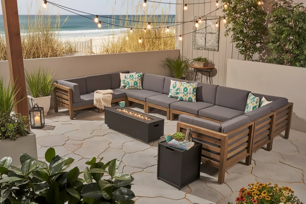 U-Shaped Outdoor Sectional Sofa Set 12-Piece with Fire Pit 8-Seater Acacia Wood