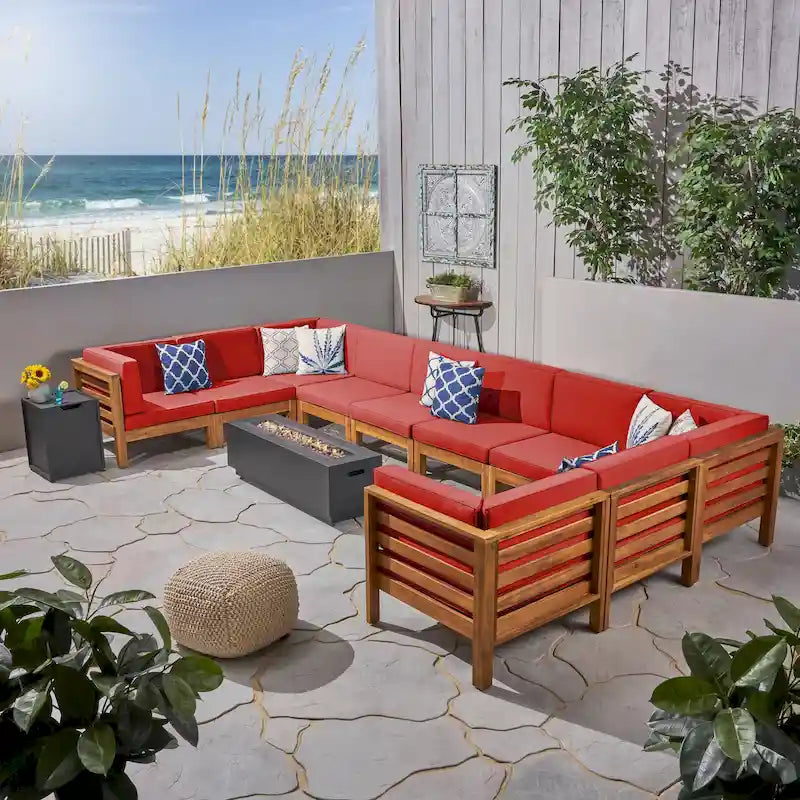 U-Shaped Outdoor Sectional Sofa Set 12-Piece with Fire Pit 8-Seater Acacia Wood