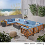 U-Shaped Outdoor Sectional Sofa Set 12-Piece with Fire Pit 8-Seater Acacia Wood