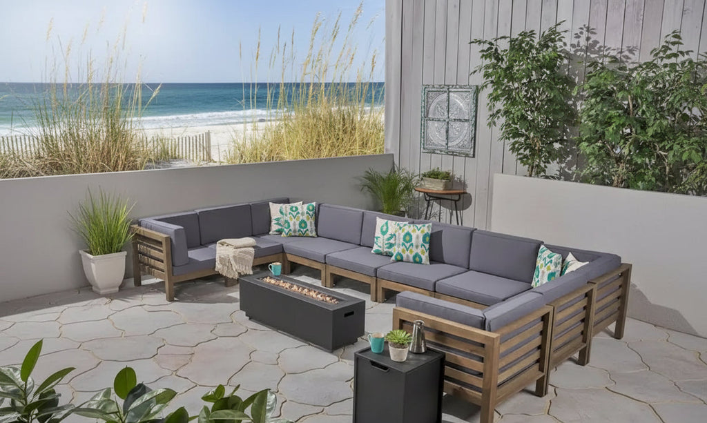 U-Shaped Outdoor Sectional Sofa Set 12-Piece with Fire Pit 8-Seater Acacia Wood