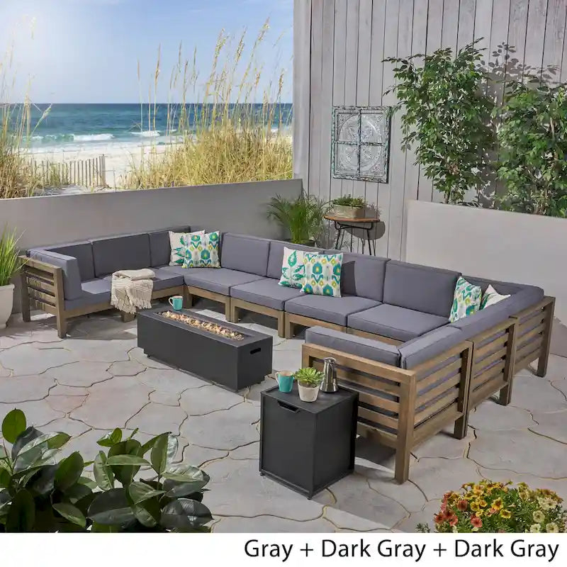 U-Shaped Outdoor Sectional Sofa Set 12-Piece with Fire Pit 8-Seater Acacia Wood