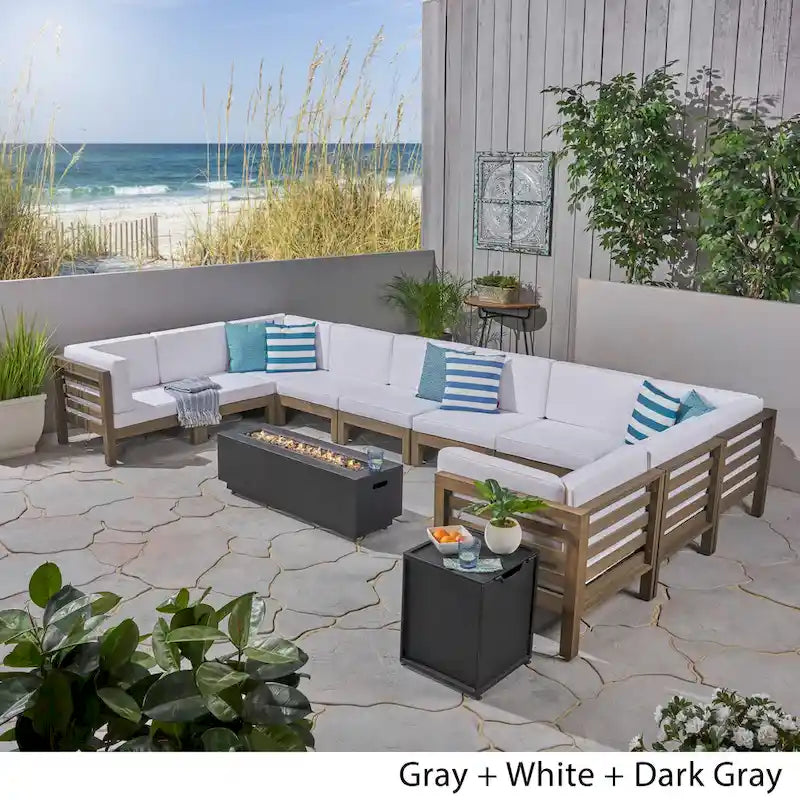 U-Shaped Outdoor Sectional Sofa Set 12-Piece with Fire Pit 8-Seater Acacia Wood