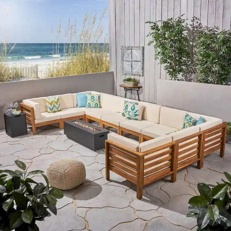 U-Shaped Outdoor Sectional Sofa Set 12-Piece with Fire Pit 8-Seater Acacia Wood