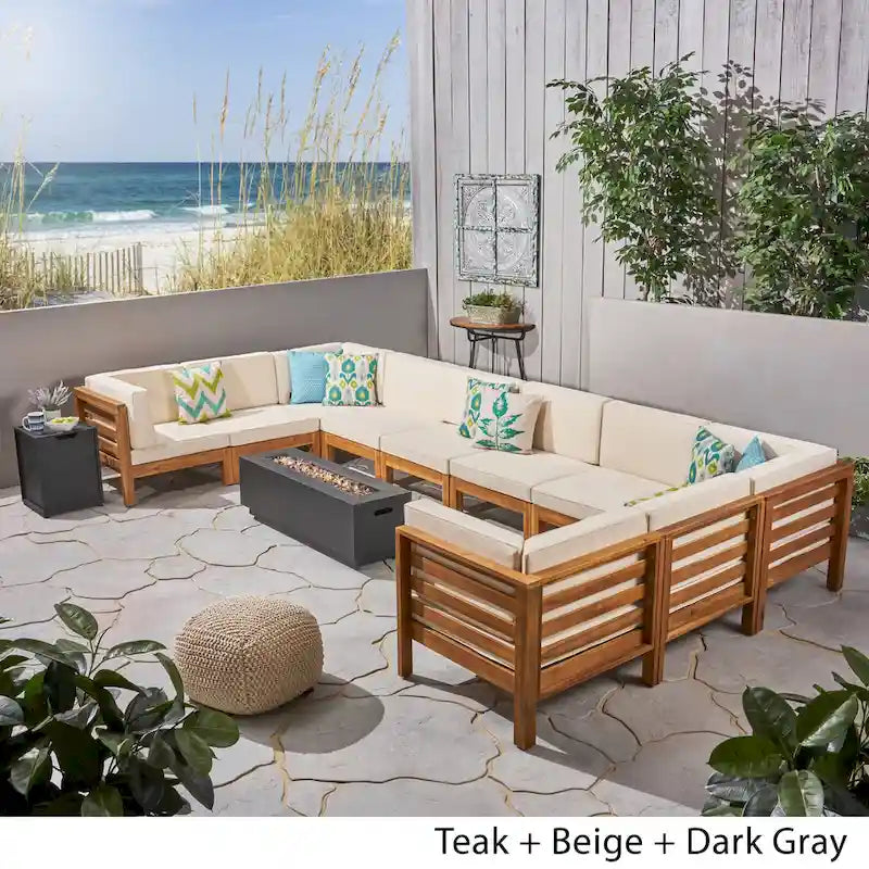 U-Shaped Outdoor Sectional Sofa Set 12-Piece with Fire Pit 8-Seater Acacia Wood