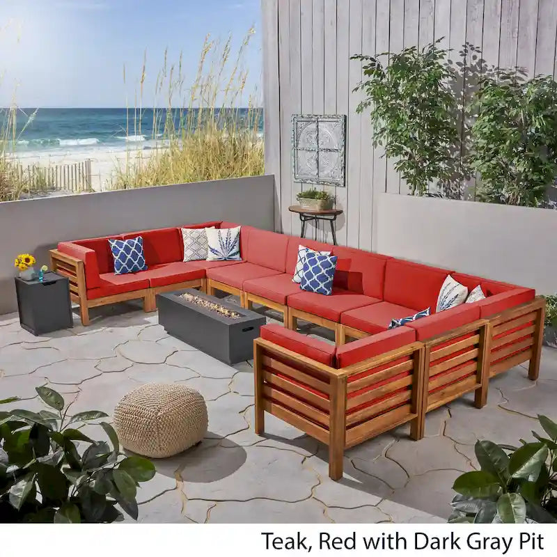 U-Shaped Outdoor Sectional Sofa Set 12-Piece with Fire Pit 8-Seater Acacia Wood