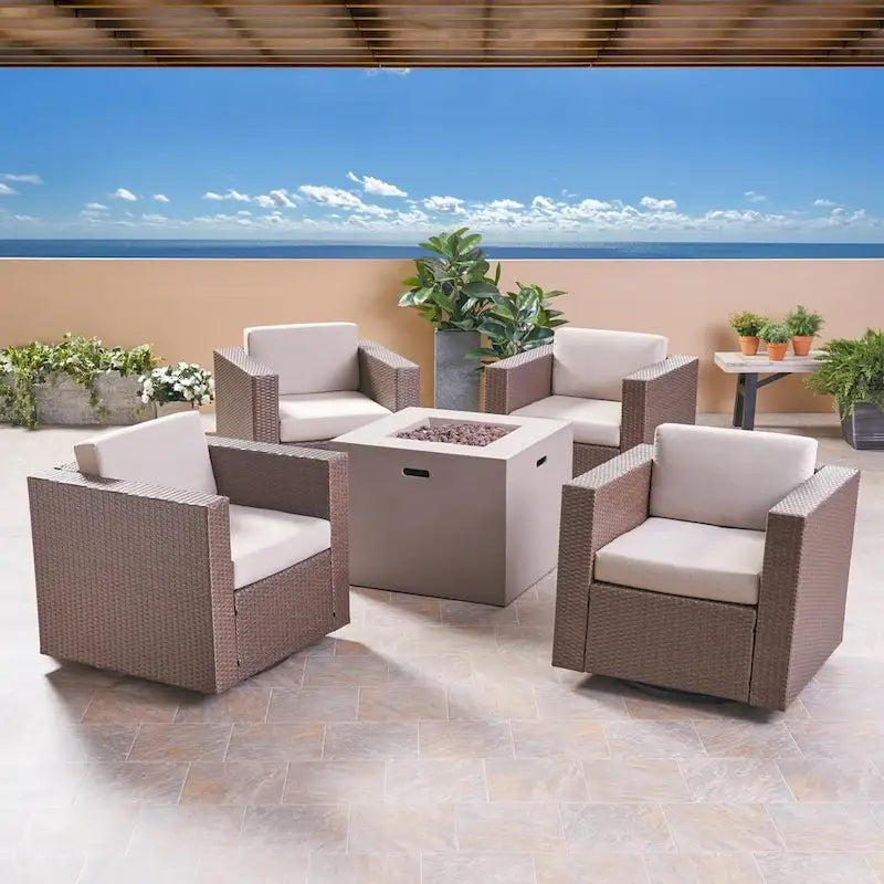 Hudson Outdoor 4 Piece Swivel Club Chair Set with Square Fire Pit by Christopher Knight Home